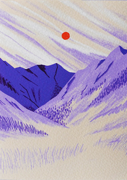 Minimalist landscape art print of purple mountains and an orange sun in a serene meadow – Mountain Meadow by Linde Raats, A6 Giclée illustration.