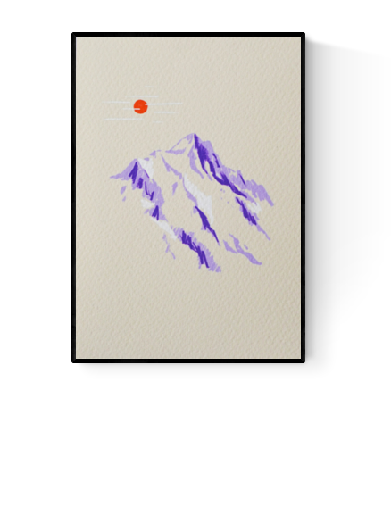 Minimalist illustration of a snow-capped purple mountain under an orange sun – Mountain Sketch by Linde Raats, A6 Giclée art print made in Belgium.