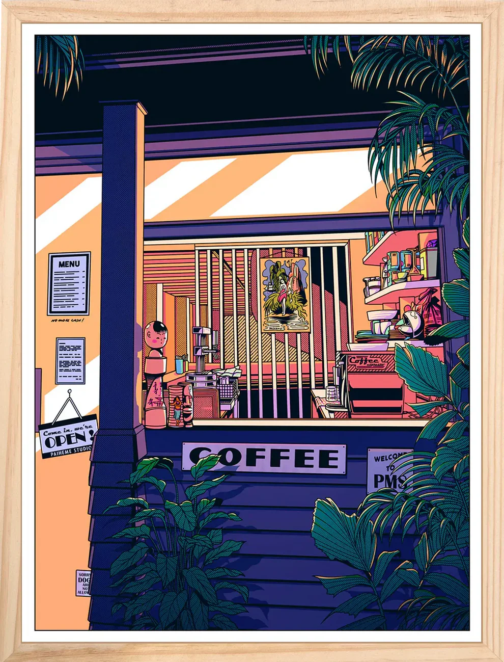 Nighttime illustration of a cozy Japanese-style coffee bar surrounded by tropical plants, glowing with neon colors and warm lighting – Night coffee by Paiheme Studio, 30 x 40 cm art print.