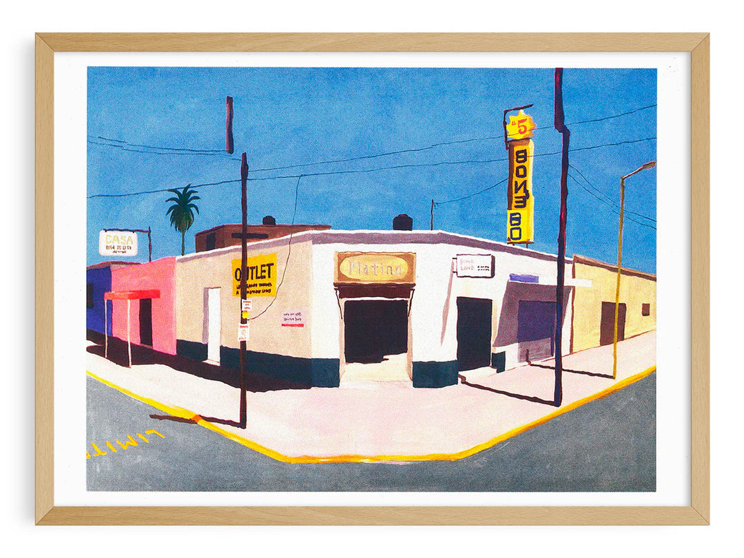 Colorful risograph art print by Japanese illustrator Nao Tatsumi depicting a sunlit street corner in Del Fresno, Mexico City, with vintage signage, palm tree, and pastel buildings under a blue sky — urban landscape art inspired by Google Street View photography, printed on Munken paper, perfect for design and travel lovers.