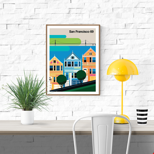 San Francisco 69 by Bo Lundberg – 30x40 cm retro city art print featuring the Painted Ladies houses and Golden Gate Bridge. Colorful 1960s-inspired minimal vector illustration, vintage travel poster style, perfect for modern home decor and design lovers.