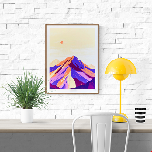 Minimalist giclée art print of the Alps by Belgian illustrator Linde Raats, featuring a pastel-colored mountain landscape in soft purple, peach, and cream tones with a small figure at the summit – 30x40 cm fine art print for modern interiors