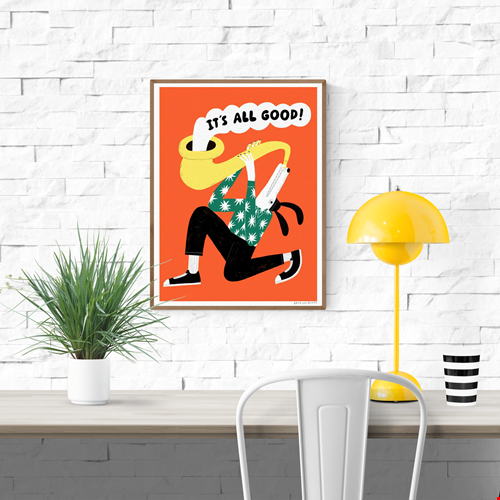 Playful illustration of a dog in sneakers playing a giant yellow saxophone with the words "It's All Good" coming out, set against a bright orange background; artwork by Dans les Dents.
