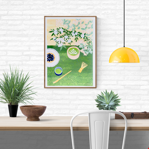 A3 art print "Matcha Time" by Leens featuring a flat-lay composition with a matcha latte in a ceramic bowl, bamboo whisk, green tea cup, tart with blueberries, floral branches, and Japanese wave patterns. Perfect for tea lovers and kitchen decor.