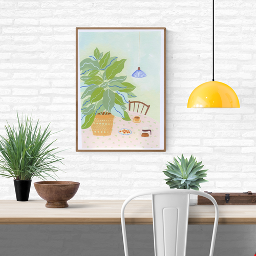 A3 illustration "Coffee Plant" by Leens showing a large leafy plant in a yellow pot, a table with a pink floral cloth, coffee cup, cookies, and carafe. Ideal for cozy kitchen or slow living decor.