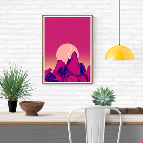 Colorful risograph art print La nuit porte conseil by Ugly Croissant, featuring surreal pink and purple mountain silhouettes under a glowing sun and night sky. Limited edition A3 print, numbered and signed by Belgian artist Kathleen Wijns — perfect for modern, dreamy interiors.