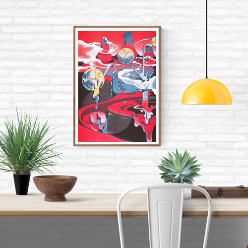 Surreal, vibrant-colored illustration of an abstract volcanic landscape with floating spheres dripping cosmic matter over a red and blue terrain. Psychedelic modern art with a dreamlike atmosphere, perfect for creative interiors and contemporary art lovers.
