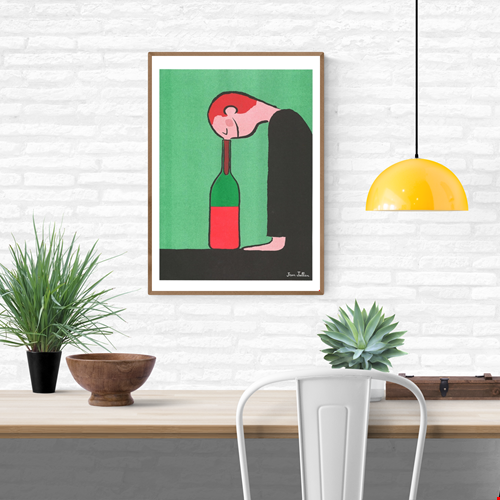 “Bottle” by French illustrator Jean Jullien – a risograph art print featuring a minimalist figure resting its head against a wine bottle, rendered in bold black, red, and green on Munken paper. A witty and emotional artwork that blends humor, simplicity, and design — perfect for modern interiors and collectors of contemporary illustration.