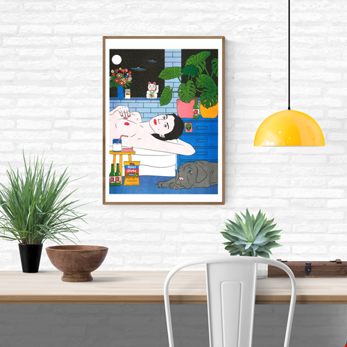 Colorful risograph illustration by Kine Andersen showing a woman lying in a bathtub at night with a dog, plants, beer bottles, and UFOs in the sky. A surreal, pop-art style scene exploring solitude, femininity, and modern life through vivid red, blue, and green tones.