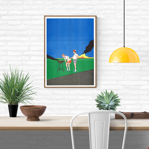 Barbeuc by Simon Bailly risograph print – two men at a barbecue with smoke and fire in a vivid blue and green landscape. A playful, colorful French illustration mixing humor, everyday life, and comic-style minimalism. Perfect contemporary wall art for design lovers.