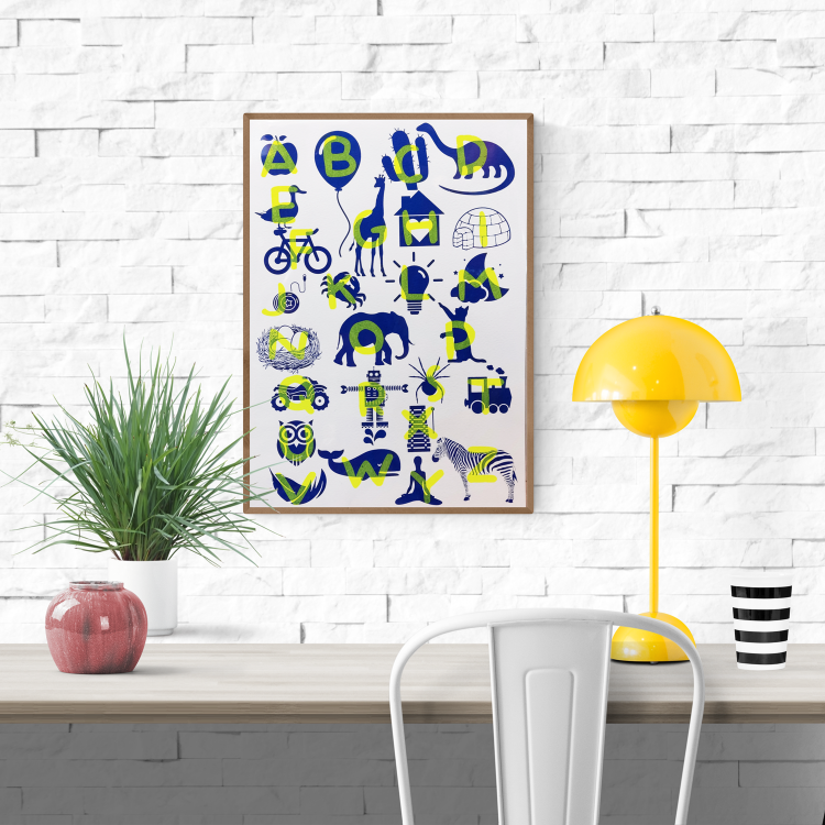 Playful and educational alphabet poster by De Zeverij featuring bold letters paired with charming red-blue or blue-yellow illustrations of animals, objects, and everyday items. Designed in a fun, screen-printed style perfect for children's rooms, classrooms, or creative spaces—an eye-catching blend of learning and modern design