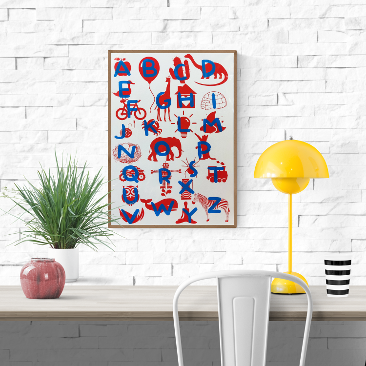 Playful and educational alphabet poster by De Zeverij featuring bold letters paired with charming red-blue or blue-yellow illustrations of animals, objects, and everyday items. Designed in a fun, screen-printed style perfect for children's rooms, classrooms, or creative spaces—an eye-catching blend of learning and modern design