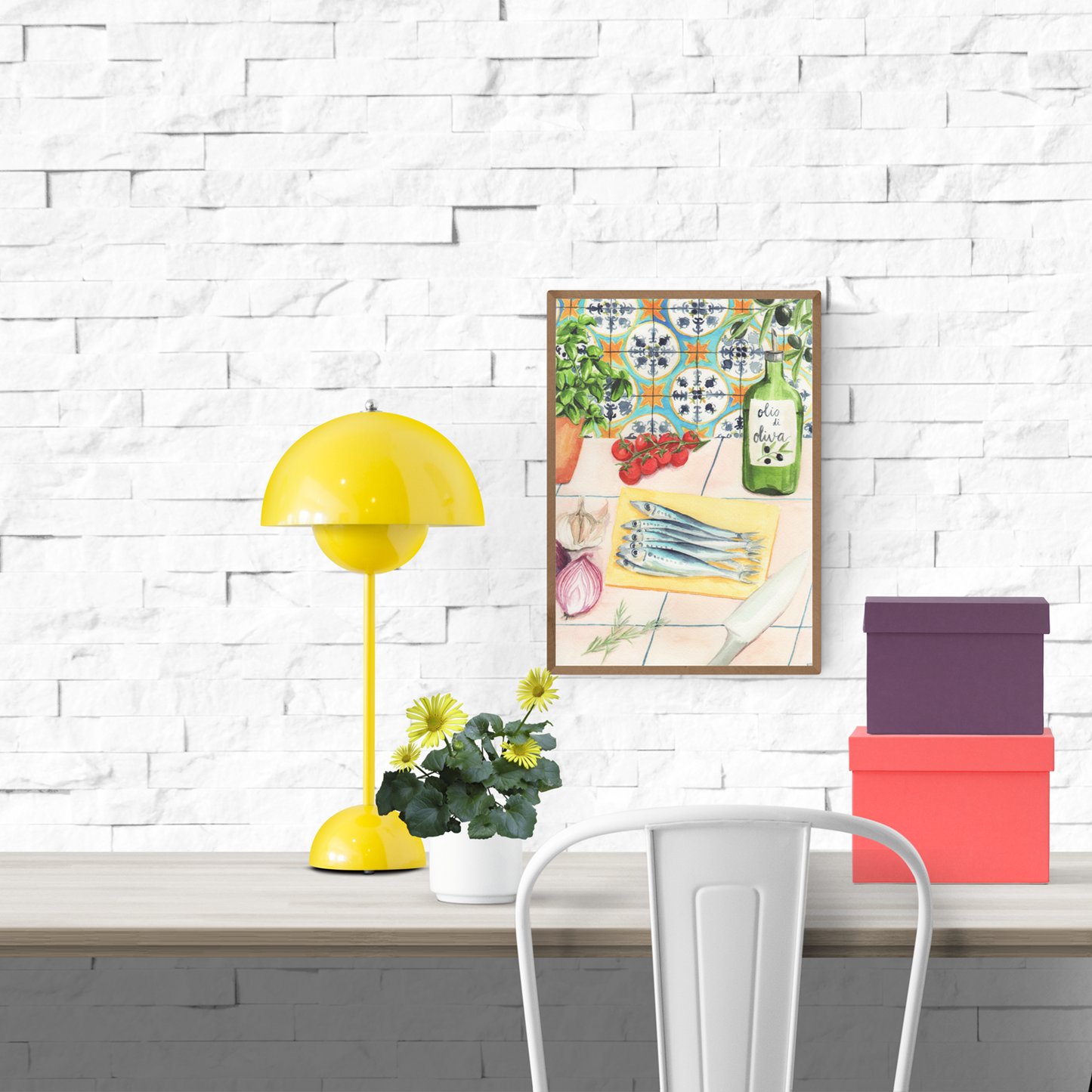 Watercolor kitchen scene illustration by Kim Timmermans featuring fresh sardines on a cutting board surrounded by cherry tomatoes, olive oil, herbs, and garlic — printed on 300g fine art paper in Belgium.