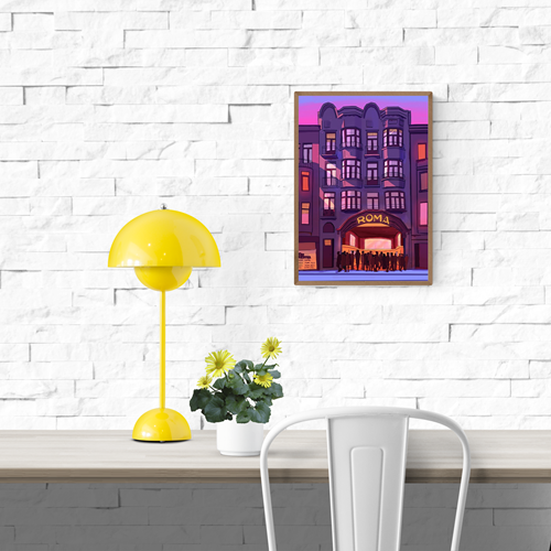 Digital art print of De Roma concert hall in Antwerp by Valeria Maggiani, purple and pink evening scene with silhouetted people, A4 format, printed in Belgium, perfect gift for Antwerp and music lovers.