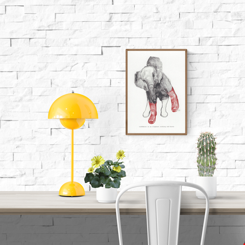 Art print of a grey elephant wearing red boots, titled “Confidence is an Elephant Rocking Red Boots” by Belgian illustrator FAB – playful and surreal A5 artwork on textured fine art paper.