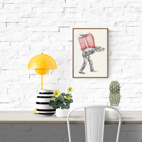 For You art card by Belgian artist FAB, A6 size (10.5 x 14.8 cm) printed on 300g Munken Pure Rough paper, featuring a surreal anthropomorphic figure with a dog’s head carrying a large red gift box, painted in watercolor with humorous and whimsical detail.