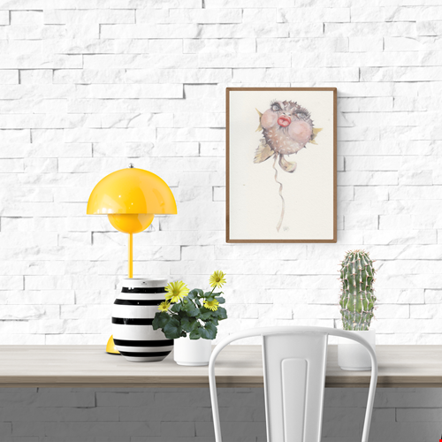 Kiss art card by Belgian illustrator FAB, A6 size (10.5 x 14.8 cm) printed on premium 300g Munken Pure Rough paper, featuring a humorous watercolor pufferfish with long eyelashes and bright red lips, ideal for sending love or as a collectible art postcard.