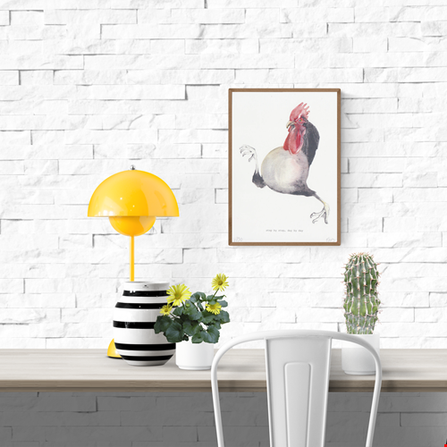 Surreal art print of a quirky rooster in mid-step with human-like legs, titled “Step by Step, Day by Day” by Belgian illustrator FAB (Fabienne Verhulsel). A humorous and minimalist A5 artwork printed on 300g Munker Pure rough paper, perfect for collectors of surreal and whimsical art in Belgium, the Netherlands, France, and Germany.
