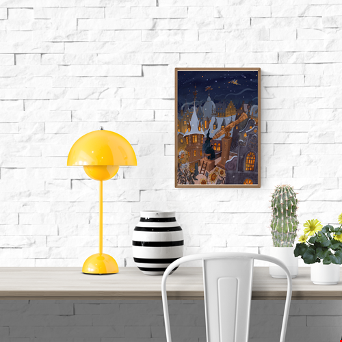 Whimsical winter night illustration by Lena Yampolski featuring a witch with long blue hair stargazing through a large telescope above glowing medieval rooftops, surrounded by snow, sunflowers, and a flying dragon under a starry sky – fantasy art print for cozy interiors.