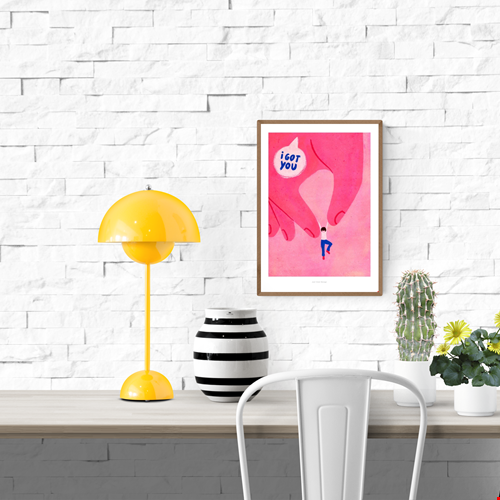Illustration of a pink hand gently holding a small figure with the phrase “I got you” in a speech bubble, emotional and modern art print by Just Cool Design, A4 giclée print on matte paper.