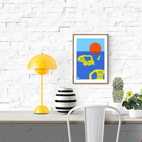 Bold graphic artwork by VrijFormaat depicting bright yellow plastic chairs adrift in deep blue ocean waves under a striking red sun. A minimalist, surreal scene evoking themes of climate change, nostalgia, and stillness—perfect for modern interiors and collectors of conceptual, thought-provoking art