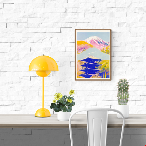 Colorful risograph art print of a Japanese landscape by PTRVRKD featuring Mount Fuji in soft pink and purple tones, a blue traditional pagoda, and vibrant yellow-orange trees. Modern Japanese collage illustration, handprinted with soy inks on high-quality Biotop paper. Perfect for Japan lovers and contemporary design enthusiasts.