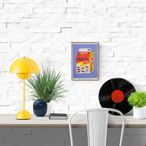 Box Milky Coffee art print by We Are Out Of The Office – retro Japanese-style illustration of a colorful coffee milk carton with bold typography and playful design, perfect for kitchen or cafe decor, modern pop art available at Galerie Frits