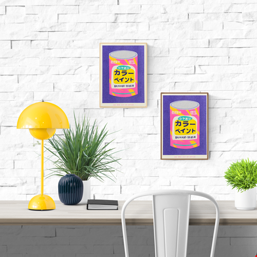Colorful risograph art print titled Japanese Bucket of Paint by Dutch duo We Are Out Of Office, featuring a retro Japanese paint can in bright fluorescent pink, purple, and yellow tones. Hand-printed with rice-based inks on Biotop 300g paper, perfect for pop art and design lovers.