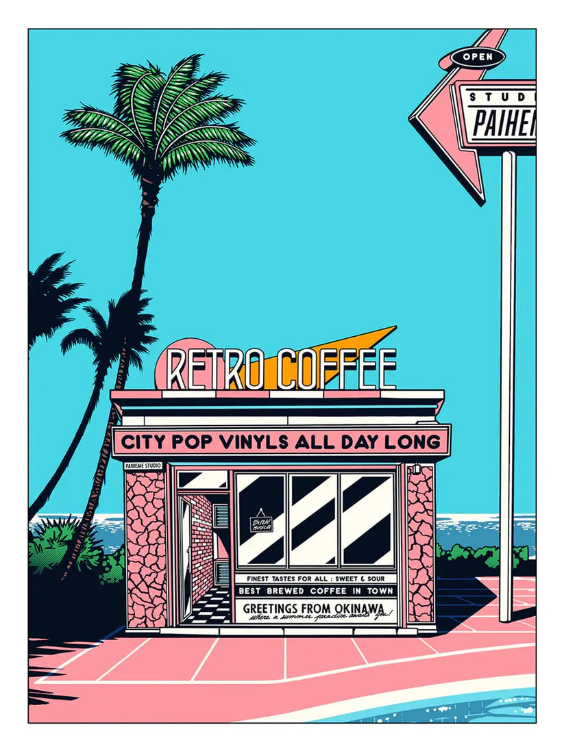 Japanese retro art print by Paiheme Studio featuring a colorful coffee shop inspired by Okinawa, palm trees, neon signs and city pop vinyls – 30x40 cm vibrant wall art made in France.