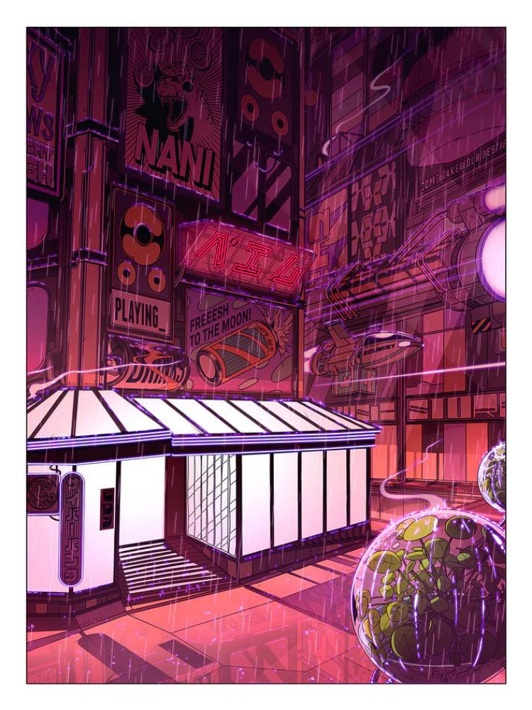 Colorful cyberpunk cityscape illustration featuring a glowing white coffee shop surrounded by futuristic neon signs, manga-style billboards, flying vehicles, and pink rain-soaked streets – Neon coffee by Paiheme Studio, 30 x 40 cm Japanese-inspired art print made in France.