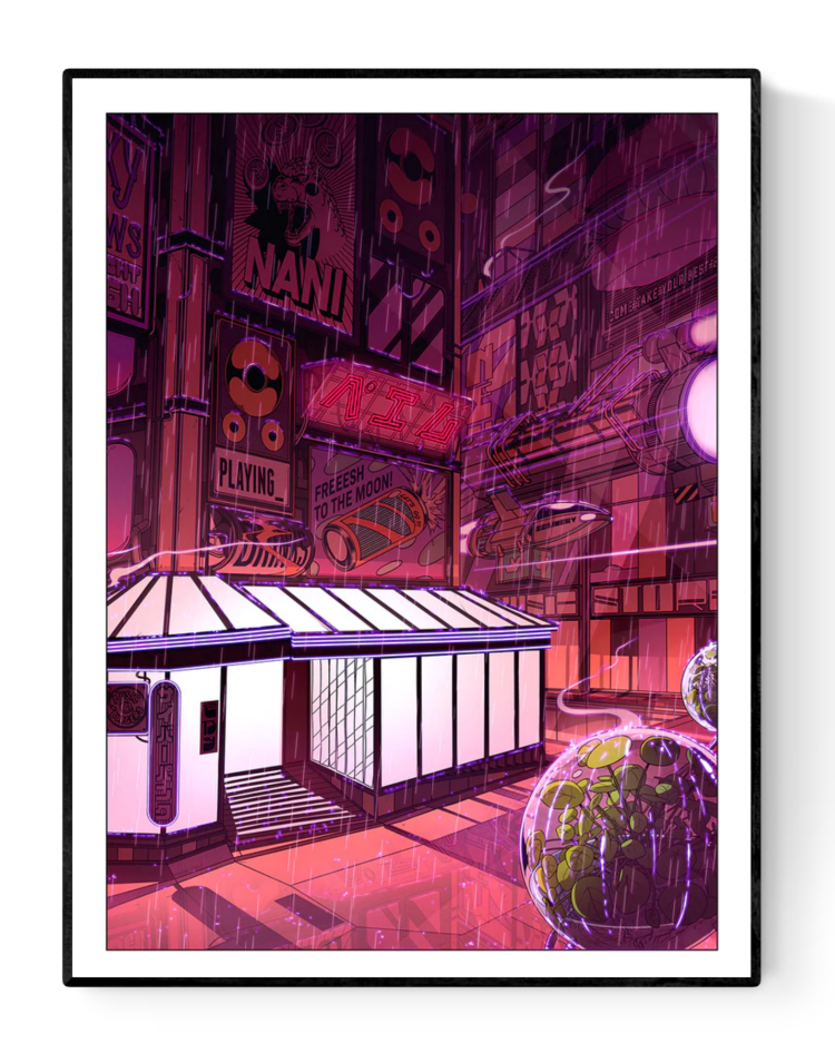 Colorful cyberpunk cityscape illustration featuring a glowing white coffee shop surrounded by futuristic neon signs, manga-style billboards, flying vehicles, and pink rain-soaked streets – Neon coffee by Paiheme Studio, 30 x 40 cm Japanese-inspired art print made in France.