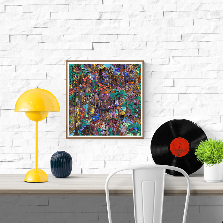 Colorful pop art illustration "Tokyo Parade" by Paiheme Studio, featuring a detailed city scene with 300 hidden Japanese cultural references including anime characters, food, and architecture, printed on 30x30 cm matte coated paper.