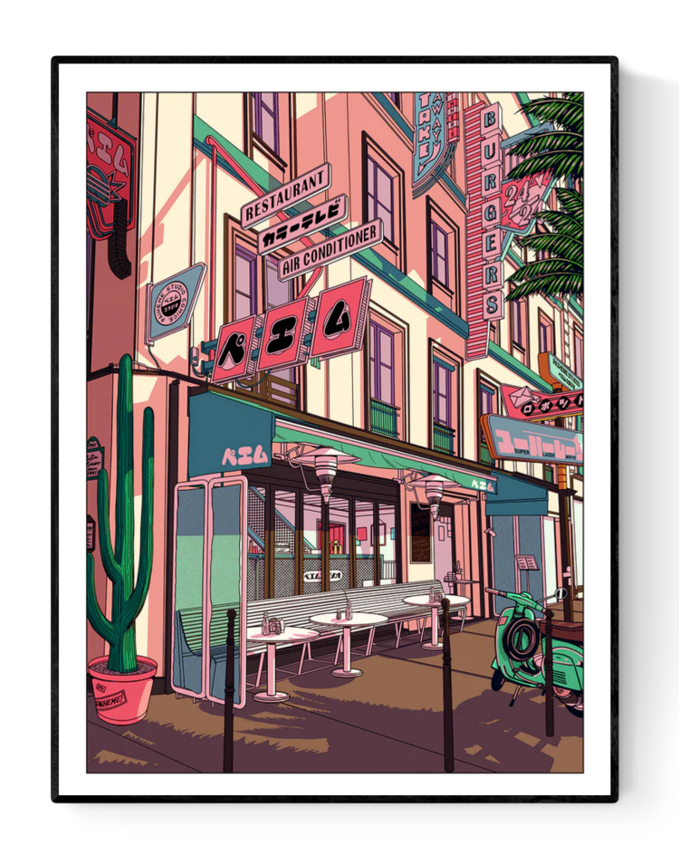 Illustration of a retro Japanese-style café scene at sunset, featuring manga-inspired signage, a pastel-colored facade, street furniture, a cactus in a pot, and a mint green scooter in front. The digital print combines nostalgic 80s vibes with Japanese pop culture, created by Paiheme Studio.