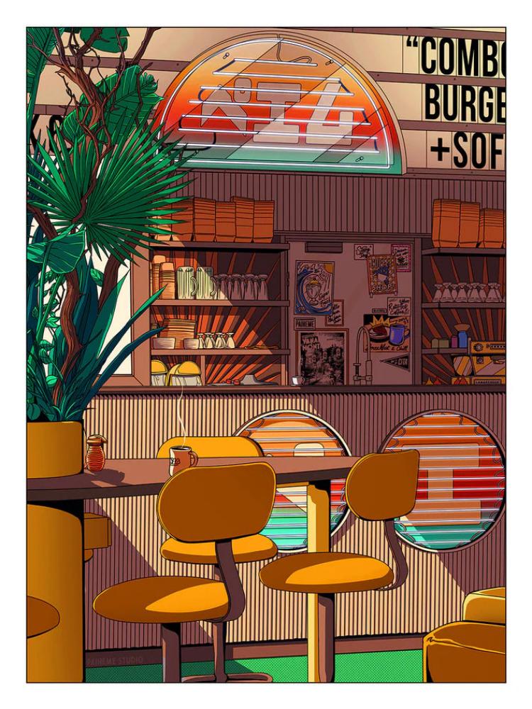 Illustration of a retro Japanese-style diner interior with yellow chairs, neon signage, and a warm vintage atmosphere – Morning Coffee by Paiheme Studio, 30x40cm art print.