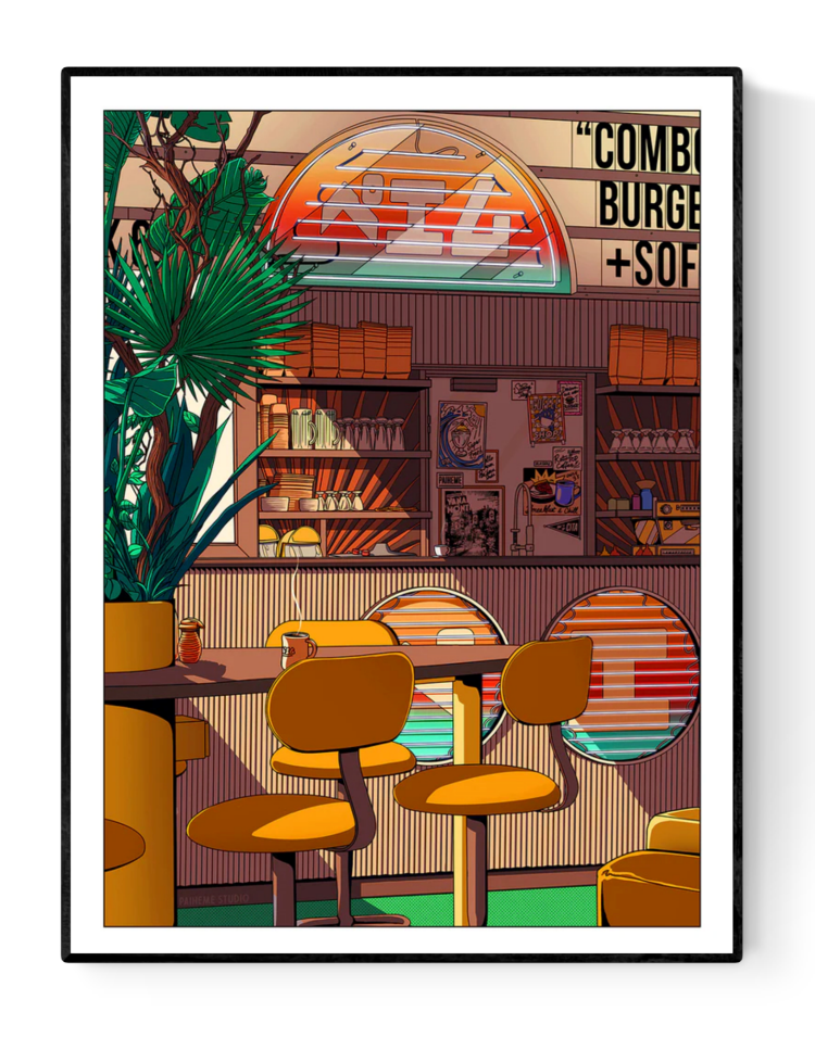 Illustration of a retro Japanese-style diner interior with yellow chairs, neon signage, and a warm vintage atmosphere – Morning Coffee by Paiheme Studio, 30x40cm art print.