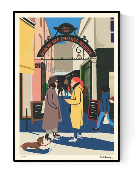 Colorful vintage-style Paris illustration art print of the "Marché des Enfants Rouges" by Paul Thurlby, featuring market visitors, street fashion, and a dachshund in a 50x70 cm fine art format.