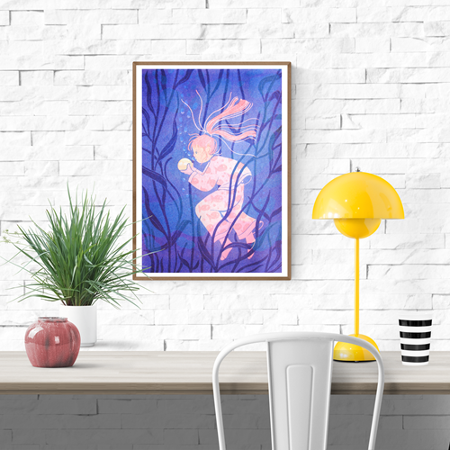Underwater-themed risograph art print titled La Perle by Pauline Spira, featuring a dreamy girl with flowing hair holding a glowing pearl among seaweed in purple and blue hues – A3 size, limited edition print on Munken paper.