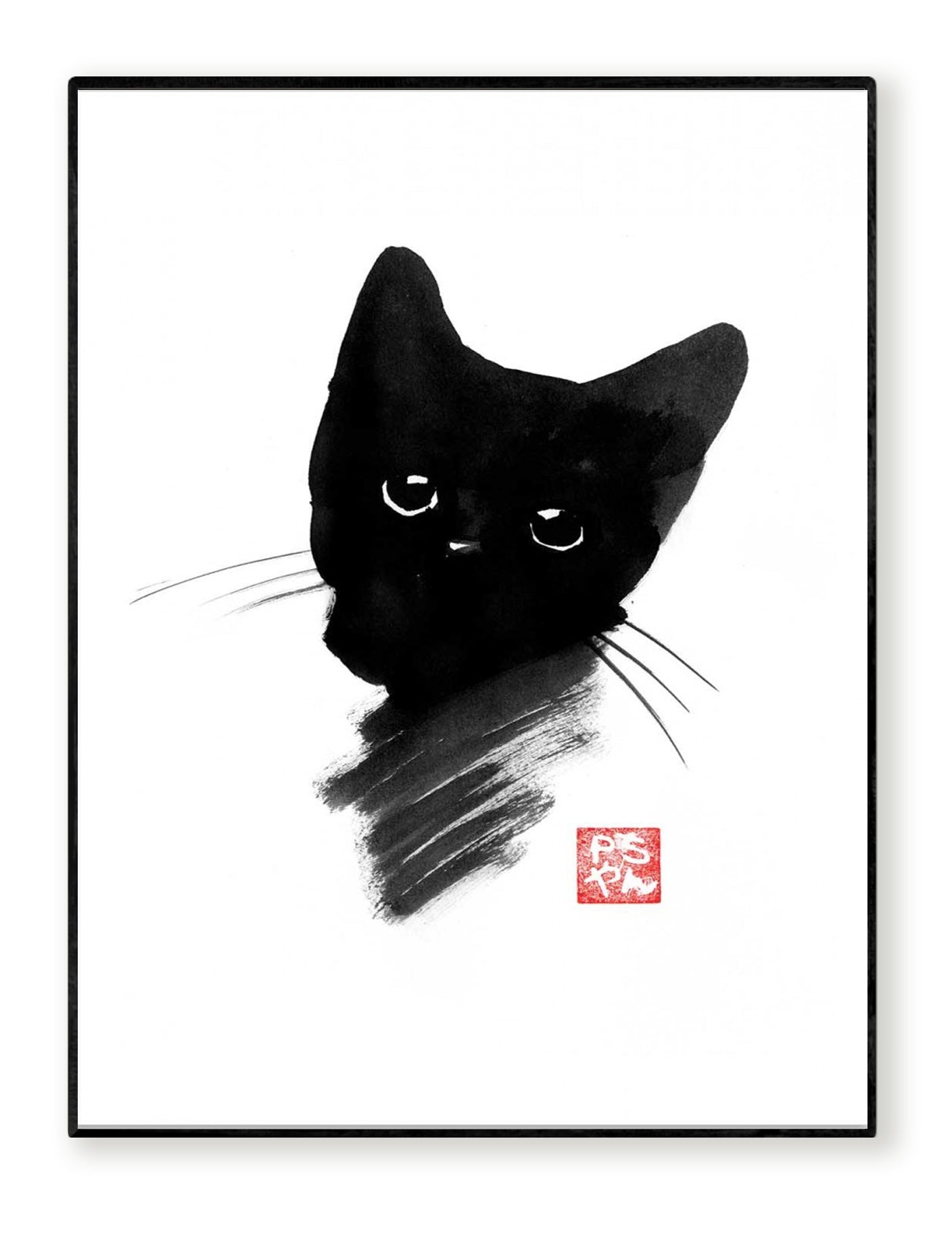 Black Kitty by Pechane Sumie – 30x40 cm Japanese sumi-e style art print of a black kitten with large expressive eyes, painted in bold black ink on white background. Minimalist cat wall art for elegant and zen interiors.