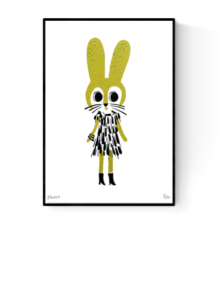 Gold Rabbit art print by Plumo – hand-printed A5 screenprint of a whimsical yellow bunny in a textured outfit, minimalist design, perfect for kids’ rooms and playful home decor