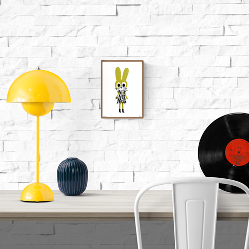 Gold Rabbit art print by Plumo – hand-printed A5 screenprint of a whimsical yellow bunny in a textured outfit, minimalist design, perfect for kids’ rooms and playful home decor