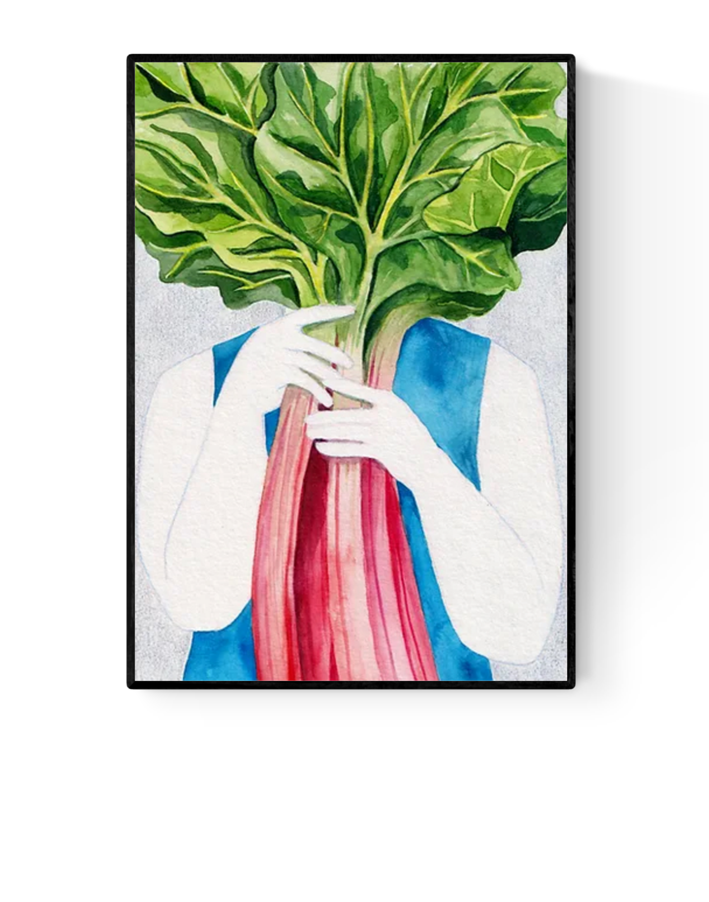 Watercolor art print of a white figure holding a large pink rhubarb stalk with oversized green leaves covering their face – Rhubarb by Kim Timmermans, A4 and A3 sizes, printed on high-quality Munken paper.