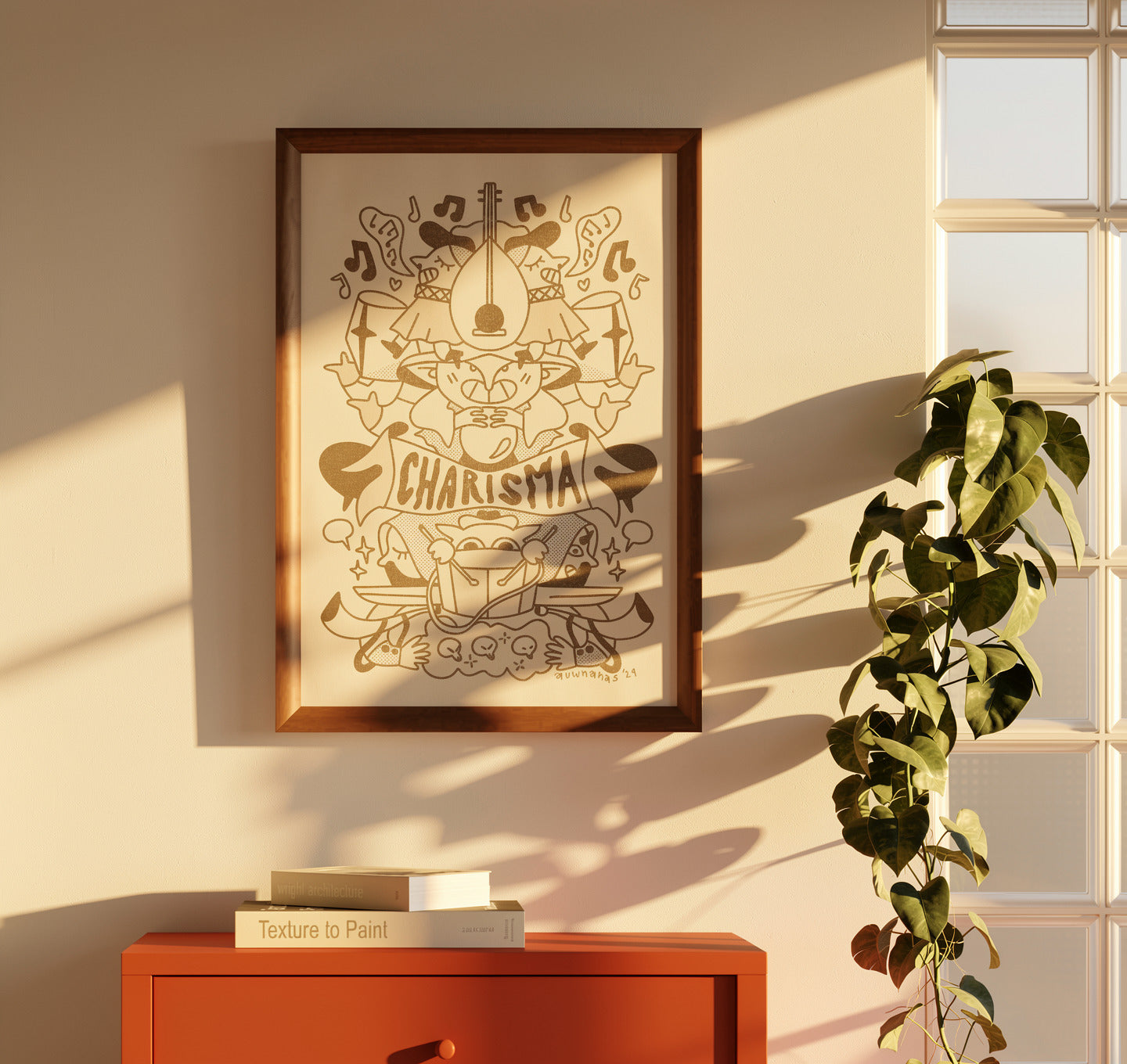 Risograph illustration “Class Act Gold” by Auwnanas featuring whimsical musicians, playful characters, musical notes and decorative shapes in warm golden tones; A3 art print with bold graphic style and lively composition; modern quirky wall art perfect for cheerful home décor and collectors of contemporary risography.