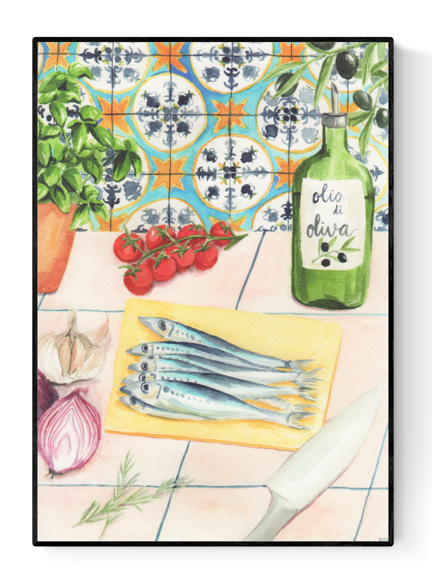 Watercolor kitchen scene illustration by Kim Timmermans featuring fresh sardines on a cutting board surrounded by cherry tomatoes, olive oil, herbs, and garlic — printed on 300g fine art paper in Belgium.