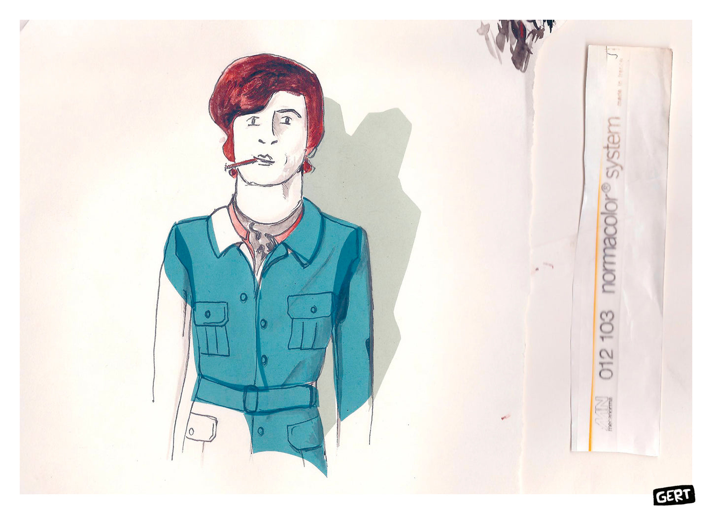 Sketch Guy by Gert Paenen, 13 × 18 cm digital art print featuring a hand-drawn character portrait with red hair, expressive sketch lines, and blue clothing. Contemporary illustration wall art printed on premium 300 g/m² paper for modern interiors, creative workspaces, and gallery walls.