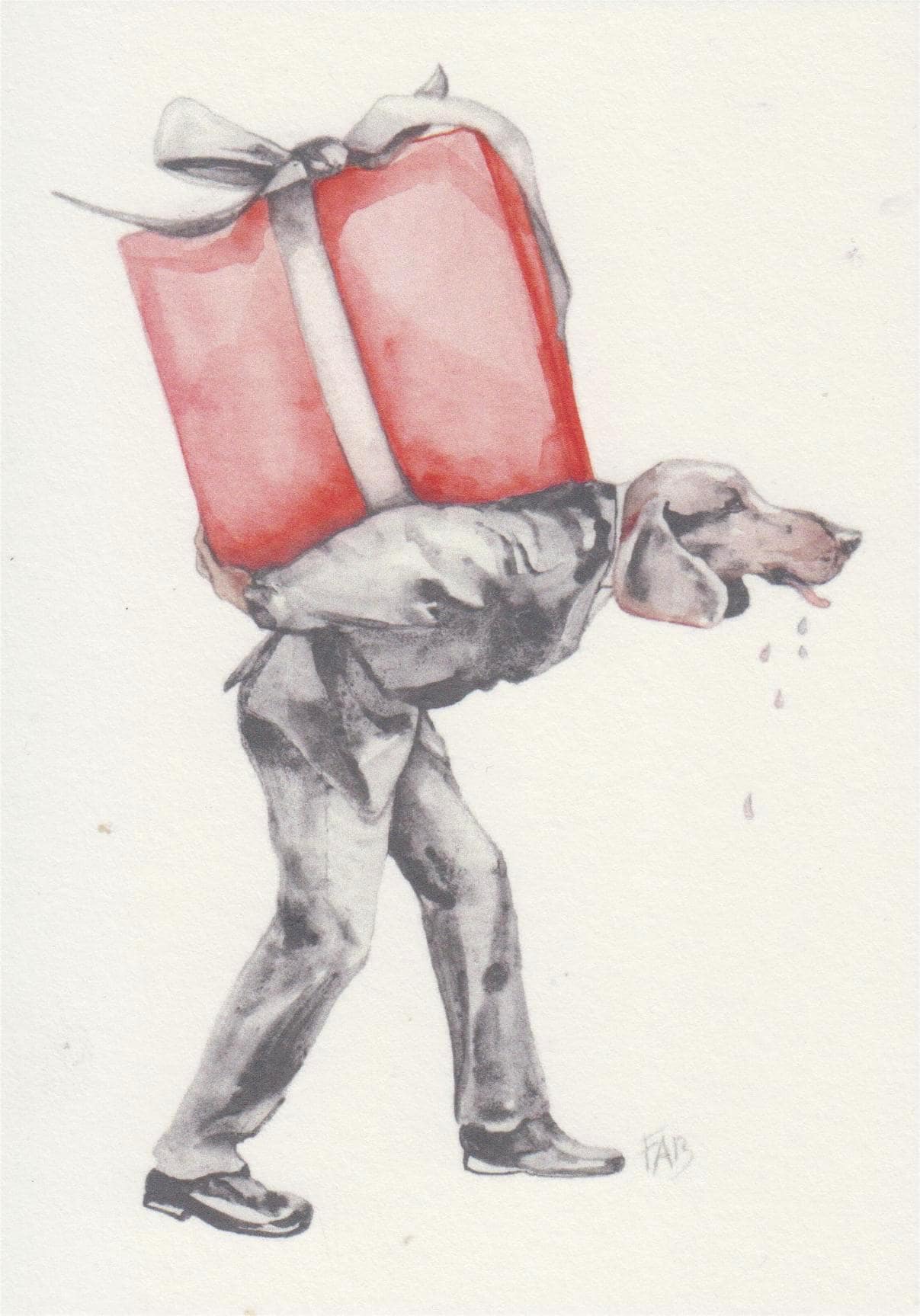 For You art card by Belgian artist FAB, A6 size (10.5 x 14.8 cm) printed on 300g Munken Pure Rough paper, featuring a surreal anthropomorphic figure with a dog’s head carrying a large red gift box, painted in watercolor with humorous and whimsical detail.
