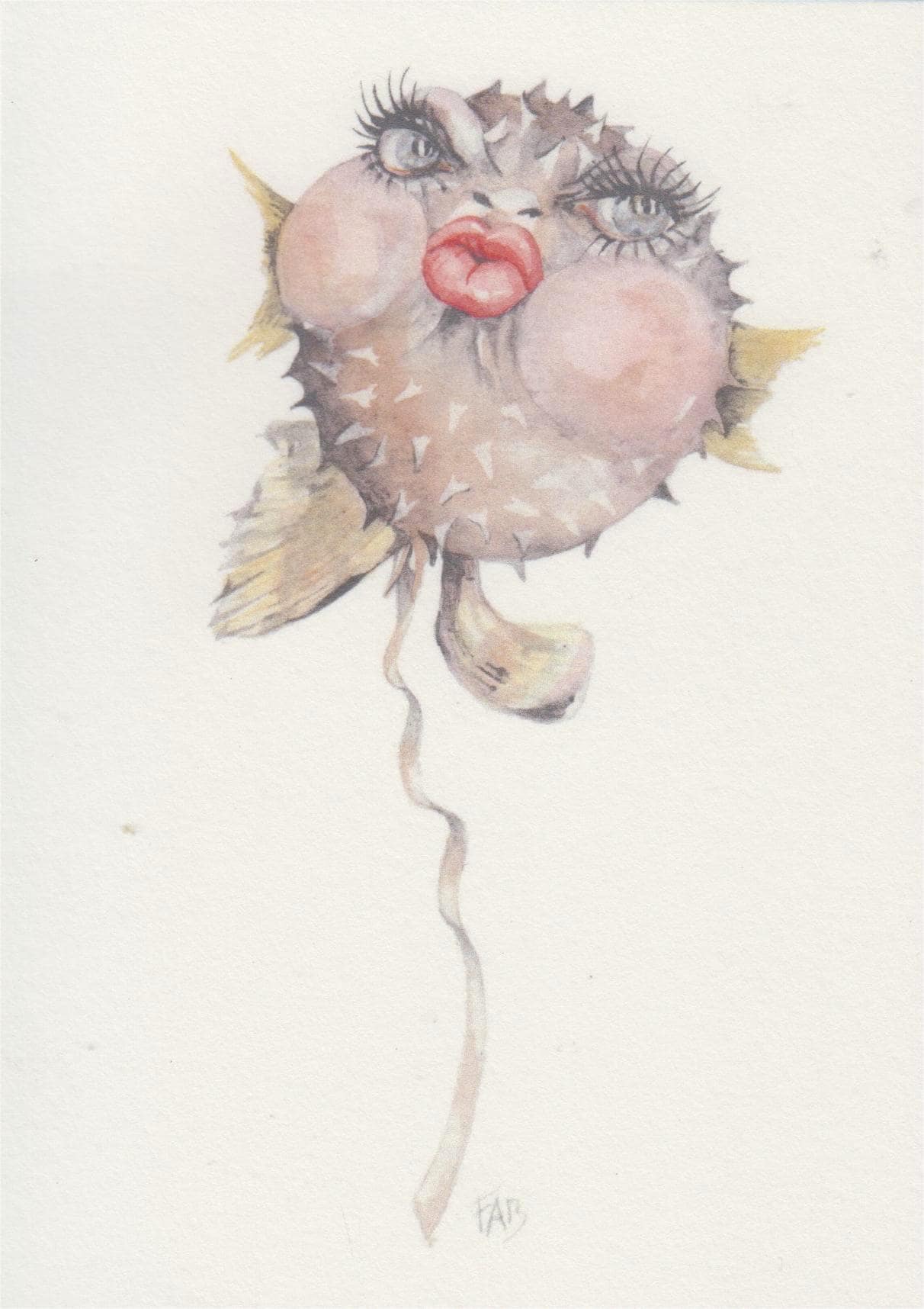 Kiss art card by Belgian illustrator FAB, A6 size (10.5 x 14.8 cm) printed on premium 300g Munken Pure Rough paper, featuring a humorous watercolor pufferfish with long eyelashes and bright red lips, ideal for sending love or as a collectible art postcard.