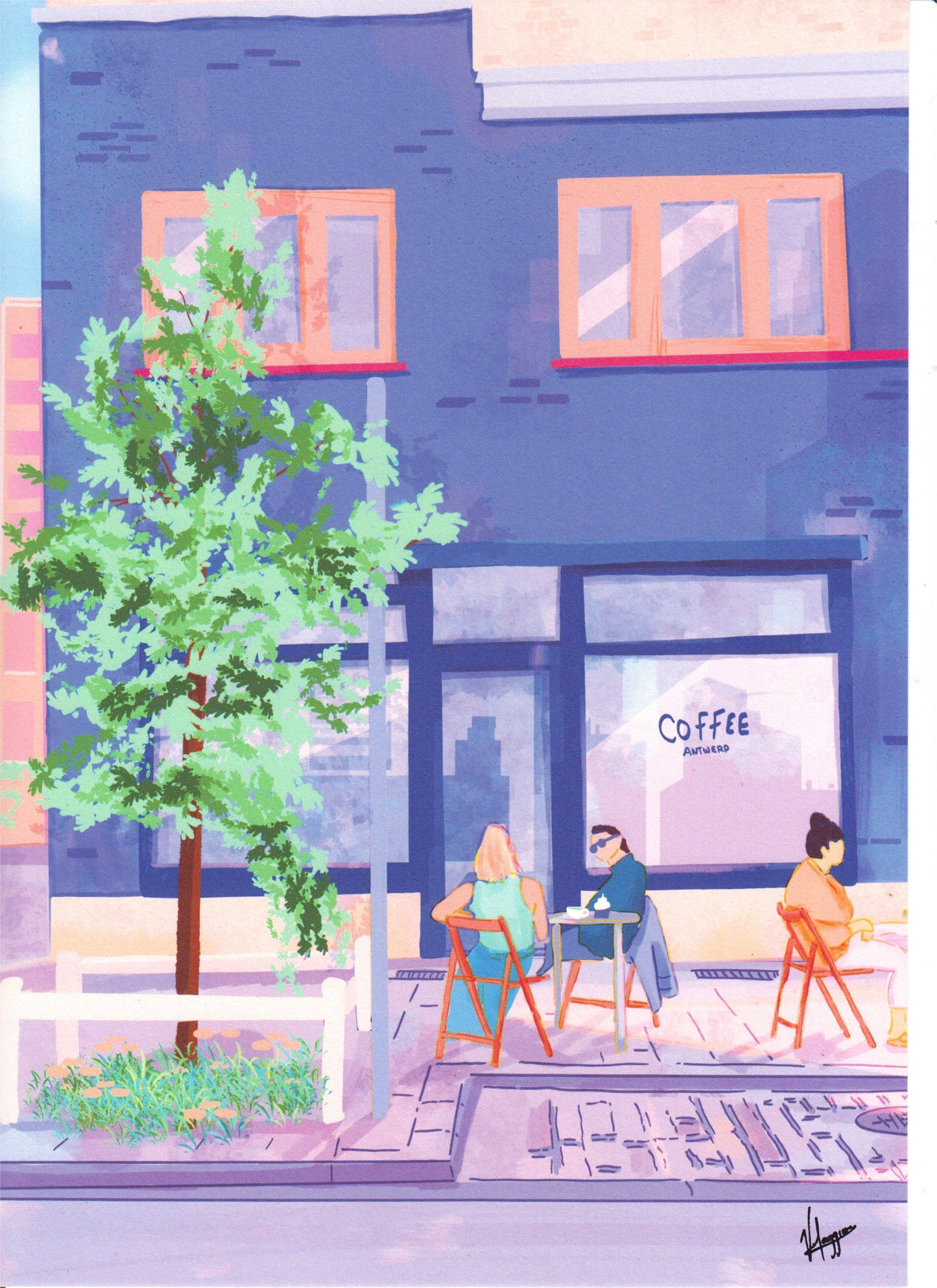Antwerp Summer Coffee by Valeria Maggiani – A3 art print of a cozy summer café terrace in Antwerp with people enjoying coffee outdoors, urban lifestyle illustration in pastel tones, perfect wall art for design lovers and coffee enthusiasts.
