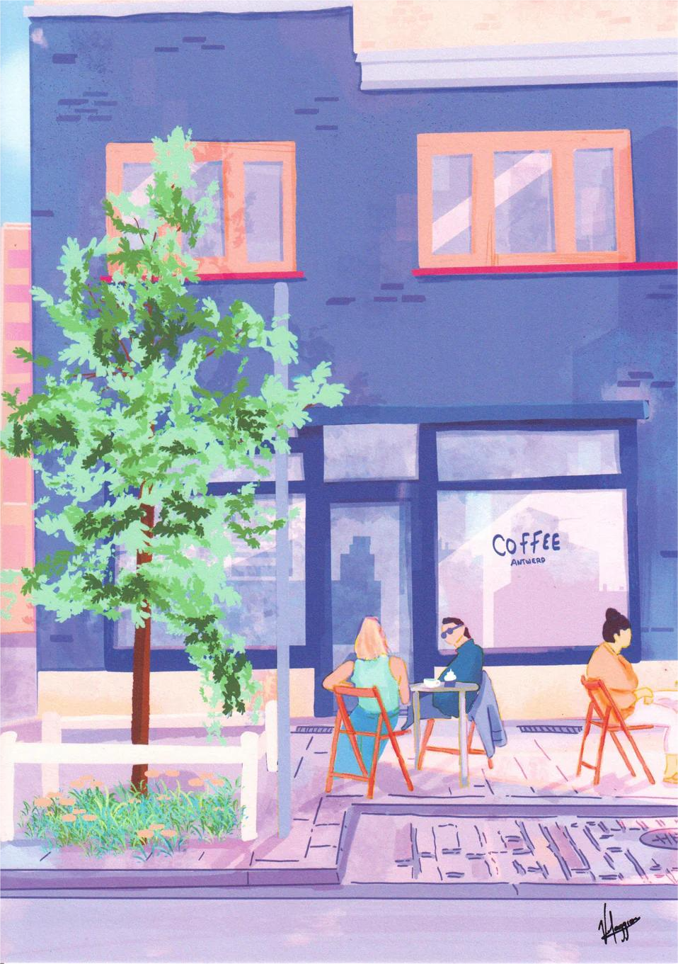 Antwerp Summer Coffee by Valeria Maggiani – A3 art print of a cozy summer café terrace in Antwerp with people enjoying coffee outdoors, urban lifestyle illustration in pastel tones, perfect wall art for design lovers and coffee enthusiasts.