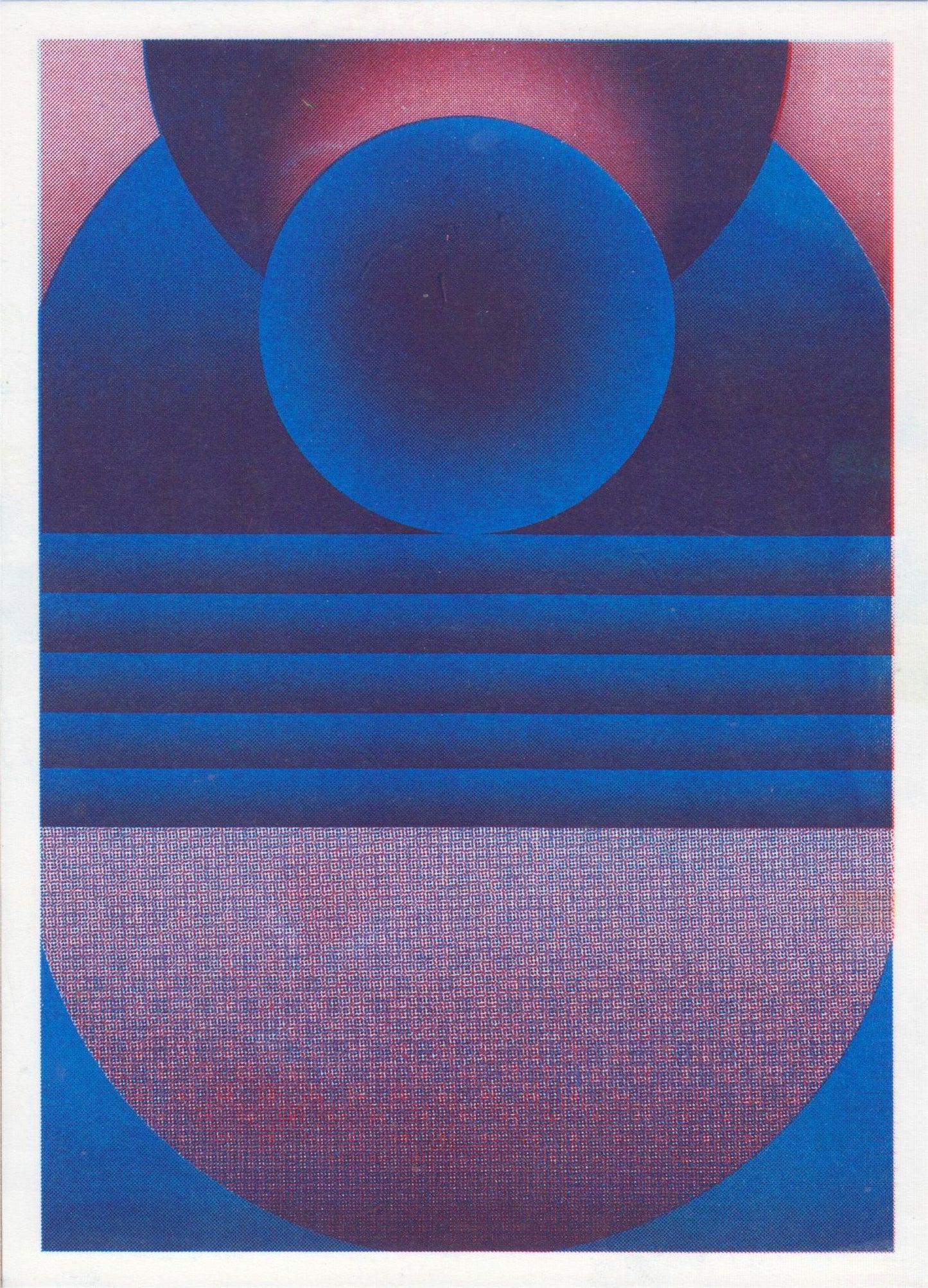 Blue and purple geometric risograph print by Dutch illustrator PTRVRKD. Abstract art featuring bold circular shapes and layered lines in vibrant blue and purple tones on high-quality Biotop paper. Modern, minimal art print perfect for home or office decoration