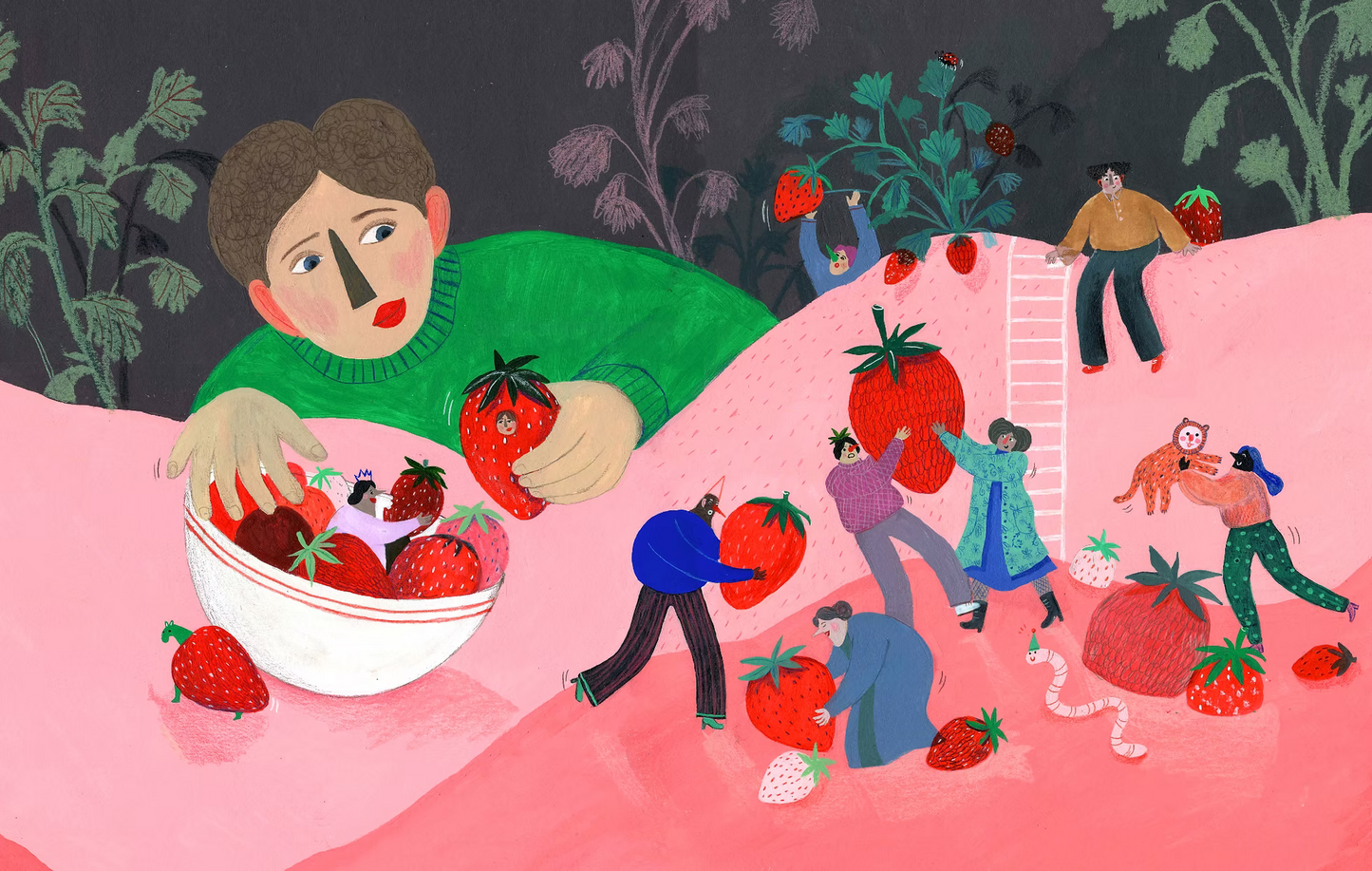 Digital art print "Aardbeien" by Belgian illustrator Louise de Meester, featuring bright red strawberries in a whimsical, textured style. Perfect for colorful kitchen decor and contemporary illustration lovers.